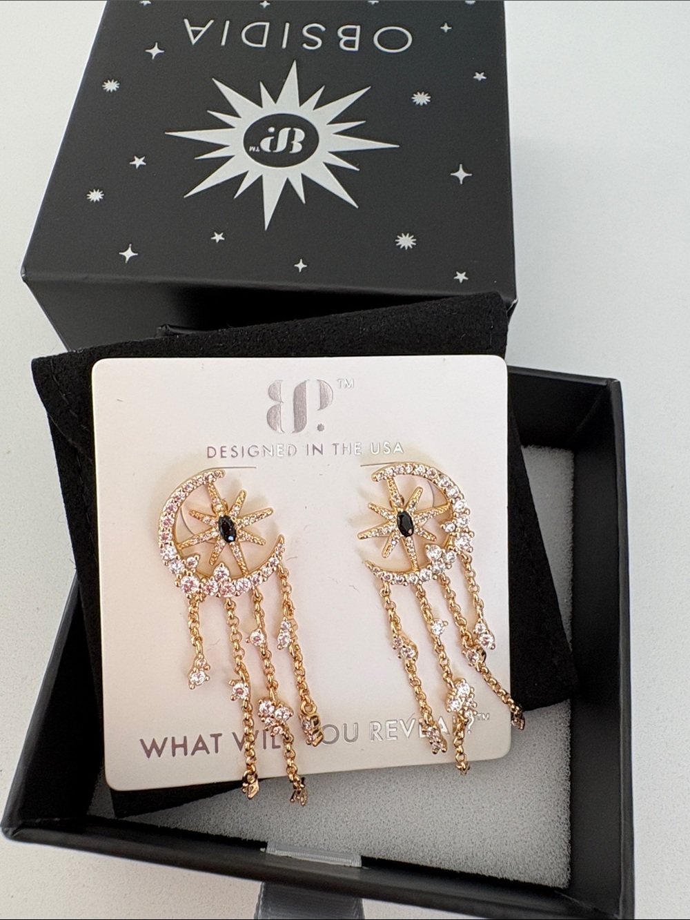 Gold Star & Crescent Drop Earrings with Pink Crystals
